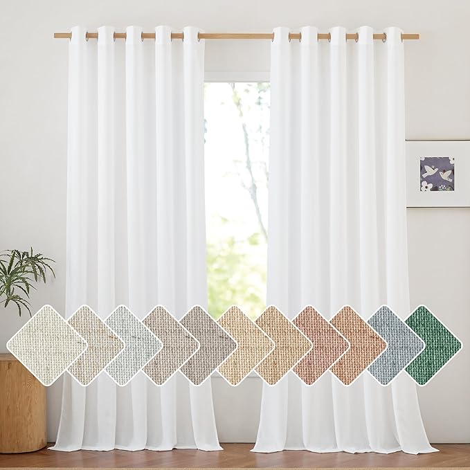 NICETOWN White Linen Curtains 96 inches Long, Grommet Thick Linen Flax Drapes by NICETOWN