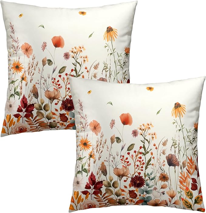 Fall Floral Throw Pillow Covers 24x24inch Set of 2 Autumn Flowers Harvest - Image 2