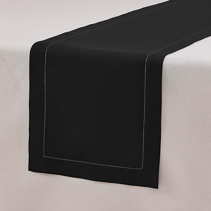 Home Ekaa Black Table Runner 90 Inch–Cotton Linen Hemstitch Washable Table - Image 5