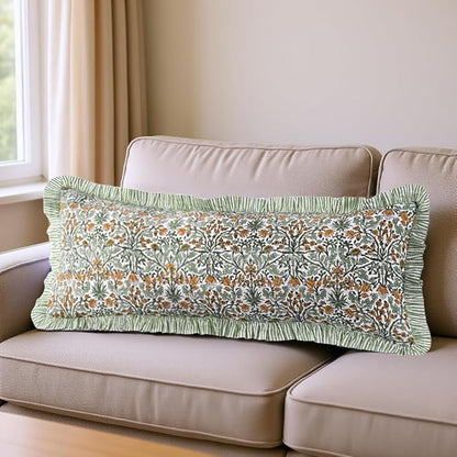 Ridhi Goldenrod Yellow 100% Cotton Block Print Ruffle Lumbar Sham Cover by Ridhi