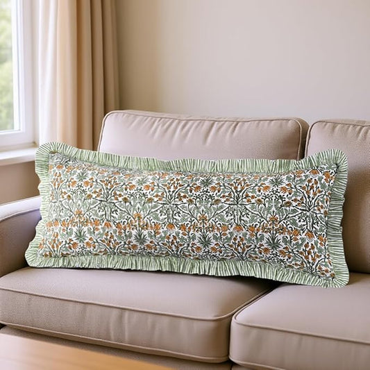 Ridhi Goldenrod Yellow 100% Cotton Block Print Ruffle Lumbar Sham Cover by Ridhi