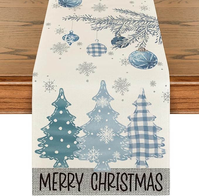 Artoid Mode Blue Pine Trees Merry Christmas Table Runner, Winter Xmas Holiday by ArtoidMode