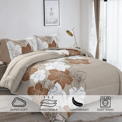 menghomeus brown floral comforter set, 3 piece california shown in use