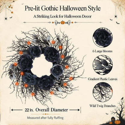 22 Inch Pre-Lit Black Twig Halloween Wreath for Front Door