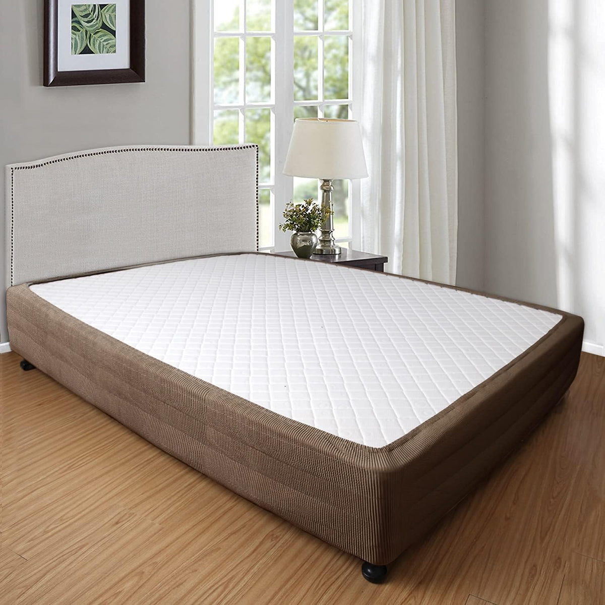 marquess box spring cover-wrap around elastic.vertical stripe pattern shown in use