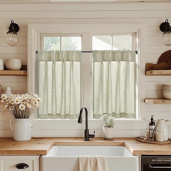 jinchan Linen Pinch Pleated Kitchen Curtains 36 Inch 2 Panels, Natural Linen by JINCHAN