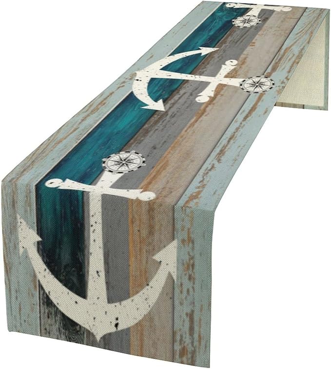 Vintage Nautical Anchor Table Runner Ocean Sea Theme Nautical Stripe Retro Wood by moderw
