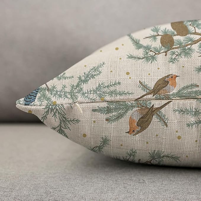 TKS MITLAN Winter Birds Pillow Covers 18 x 18 Inch Green Botanical Sparrow Red - Image 6
