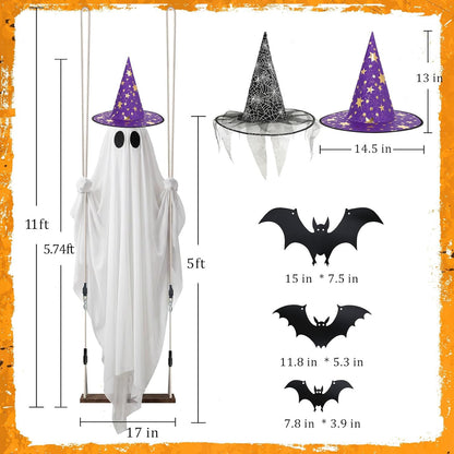 Halloween Ghost Decor with Bat & Hat - 11 FT Large Hanging Swinging Ghost
