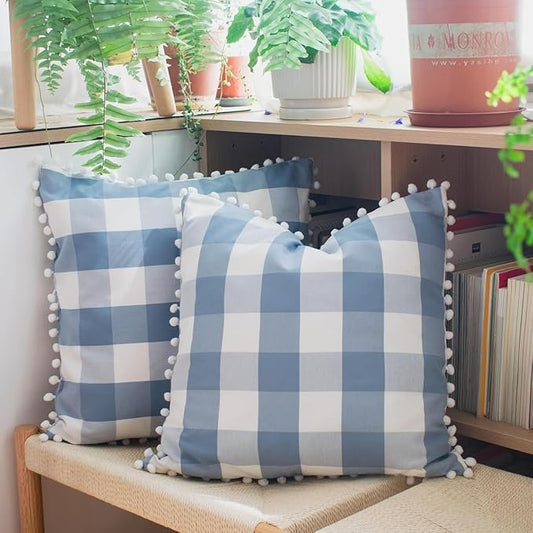 HOPLEE Farmhouse Light Blue Pillow Covers 24x24 Buffalo Check Pillows Covers by HOPLEE