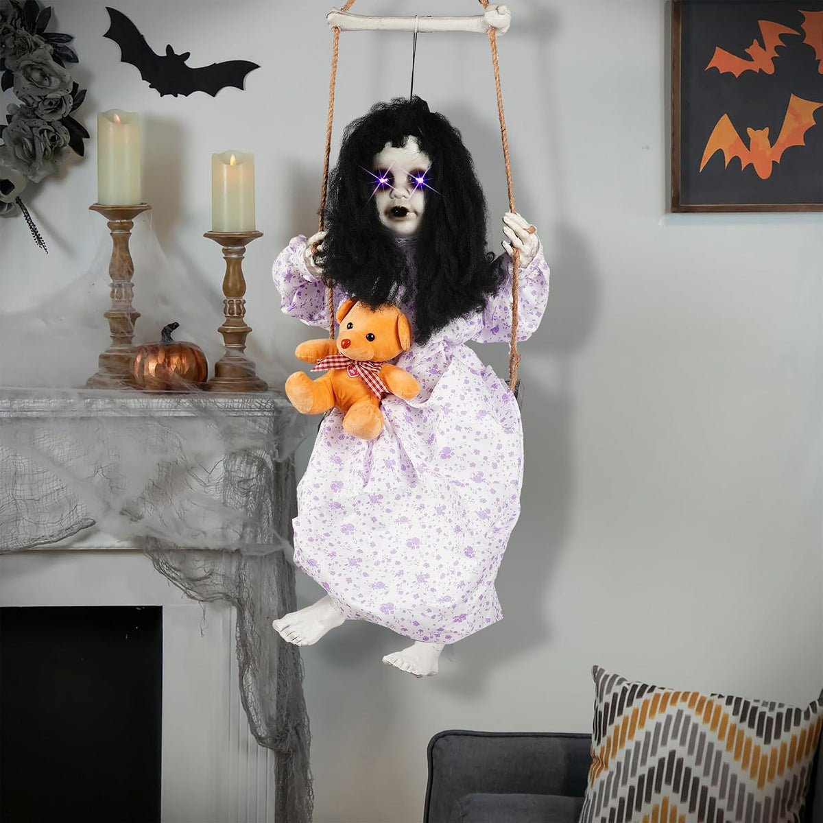 Hourleey Halloween Decorations Outdoor, Hanging Swinging Girl Doll Sound Activated with Lighted Eyes Creepy Sound, Animatronics Halloween Decor for Indoor Trees Party Garden Haunted House Prop