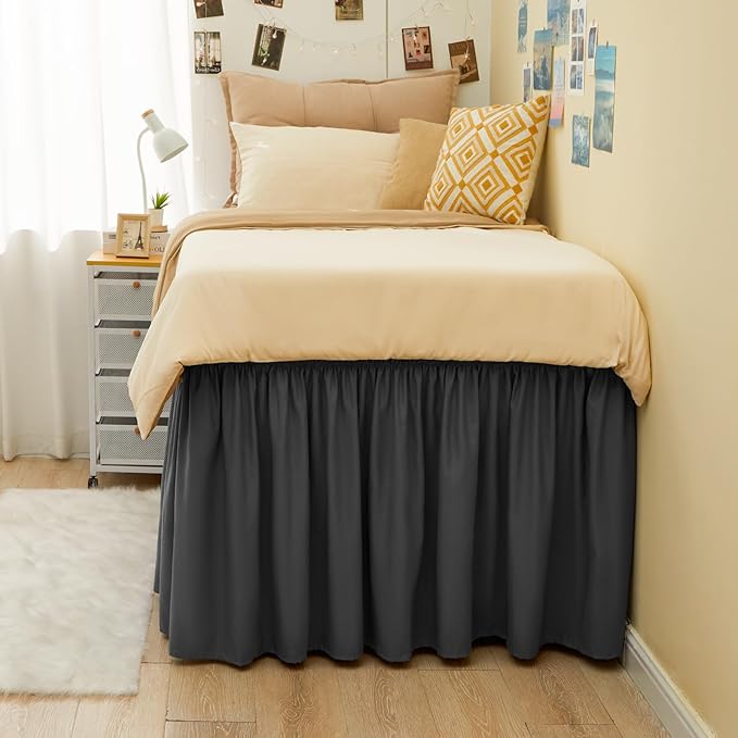 RIMELA Dorm Bed Skirt Twin XL 32 Inch Drop, Dark Grey Bedskirt Solid Silky - Image 9