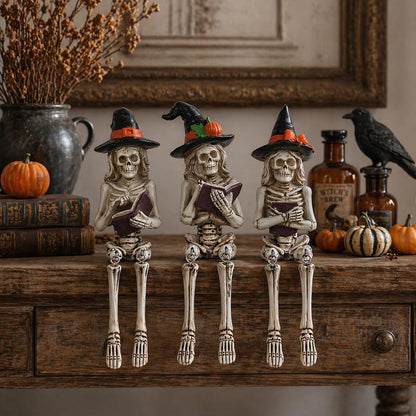 Dlfghos 3 Pieces Halloween Skeleton Statue Halloween Skull Figurine Home Decor Reading Skeleton Figurines Decorations for Indoor Fireplace Home Kitchen Desk Office Party