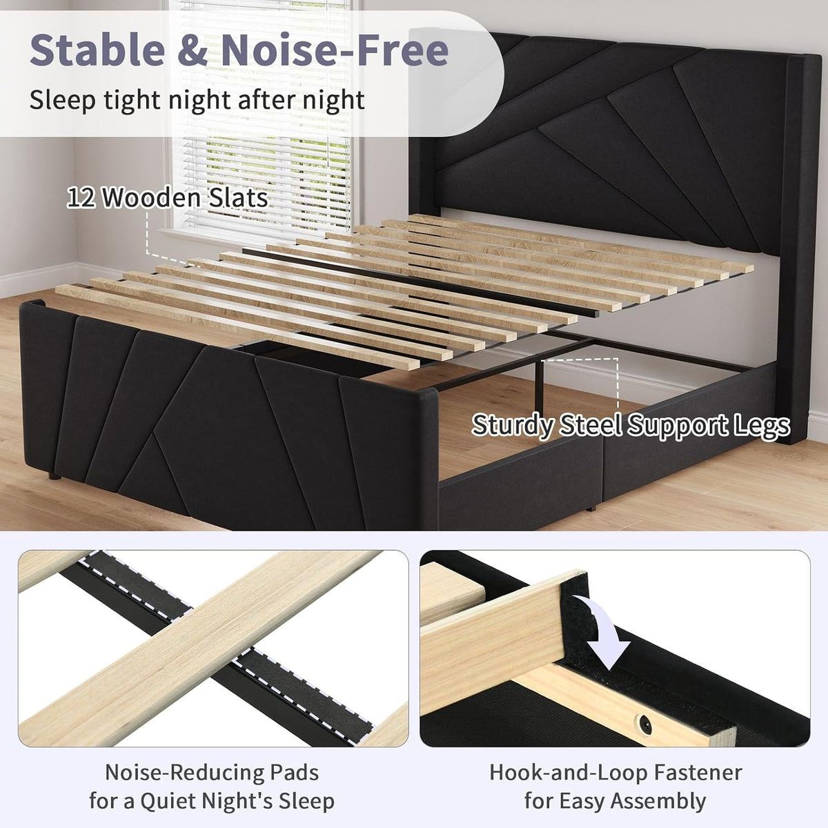 barnfurin queen bed frame with geometric wingback headboard on a desk or shelf