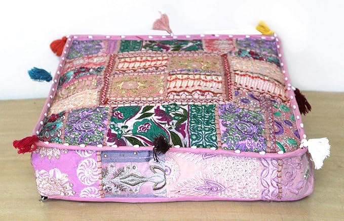 CRAFT KALA Indian Square Patchwork Traditional Pouf Cover Indian Living Room - Image 9