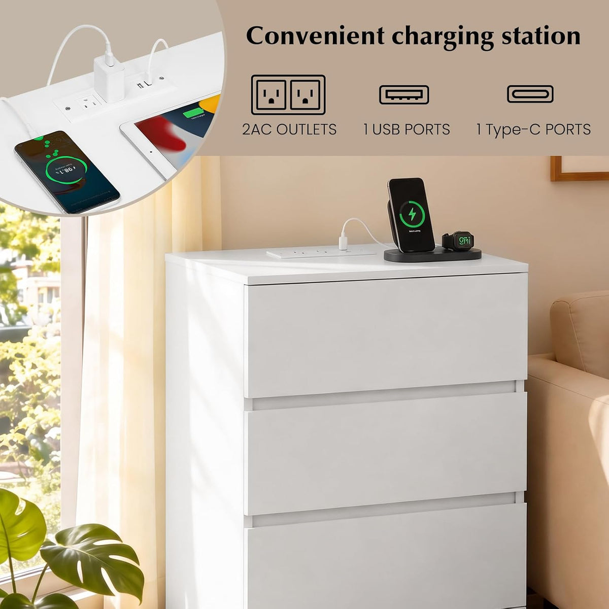 nightstands set of 2 with charging station and showing dimensions
