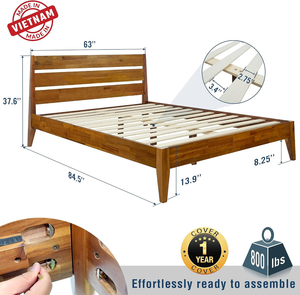 acacia emery bed frame with headboard solid wood shown in use