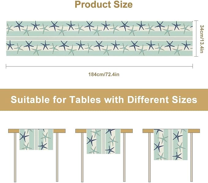 Blue Nautical Starfish Table Runner, Coastal Stripe Dark Blue Table Runner - Image 3