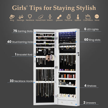 dumos jewelry organizer mirror, 6 leds jewelry armoire, close-up detail