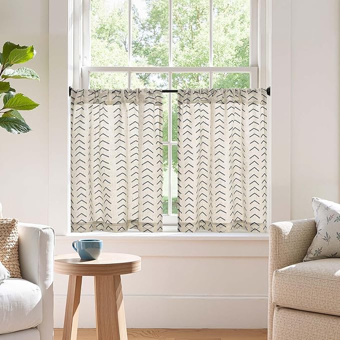 jinchan Arrow Boho Linen Blend Kitchen Curtains 24 Inch Length Herringbone by JINCHAN