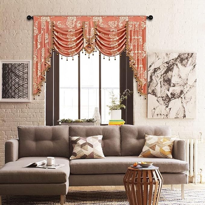 ELKCA Coffee Jacquard Swag Waterfall Valance Luxury Floral Curtain Valance - Image 8
