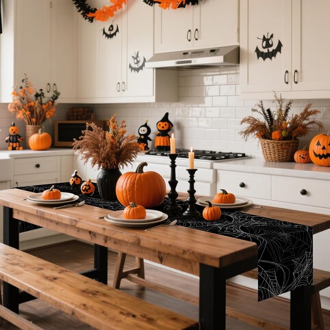 Happy Halloween Table Runner Horror Black Spider Web Kitchen Dining Table - Image 2