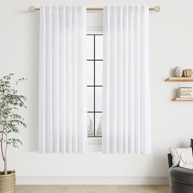 White Pinch Pleated Semi Sheer Curtains 63 Inch Length - Image 6