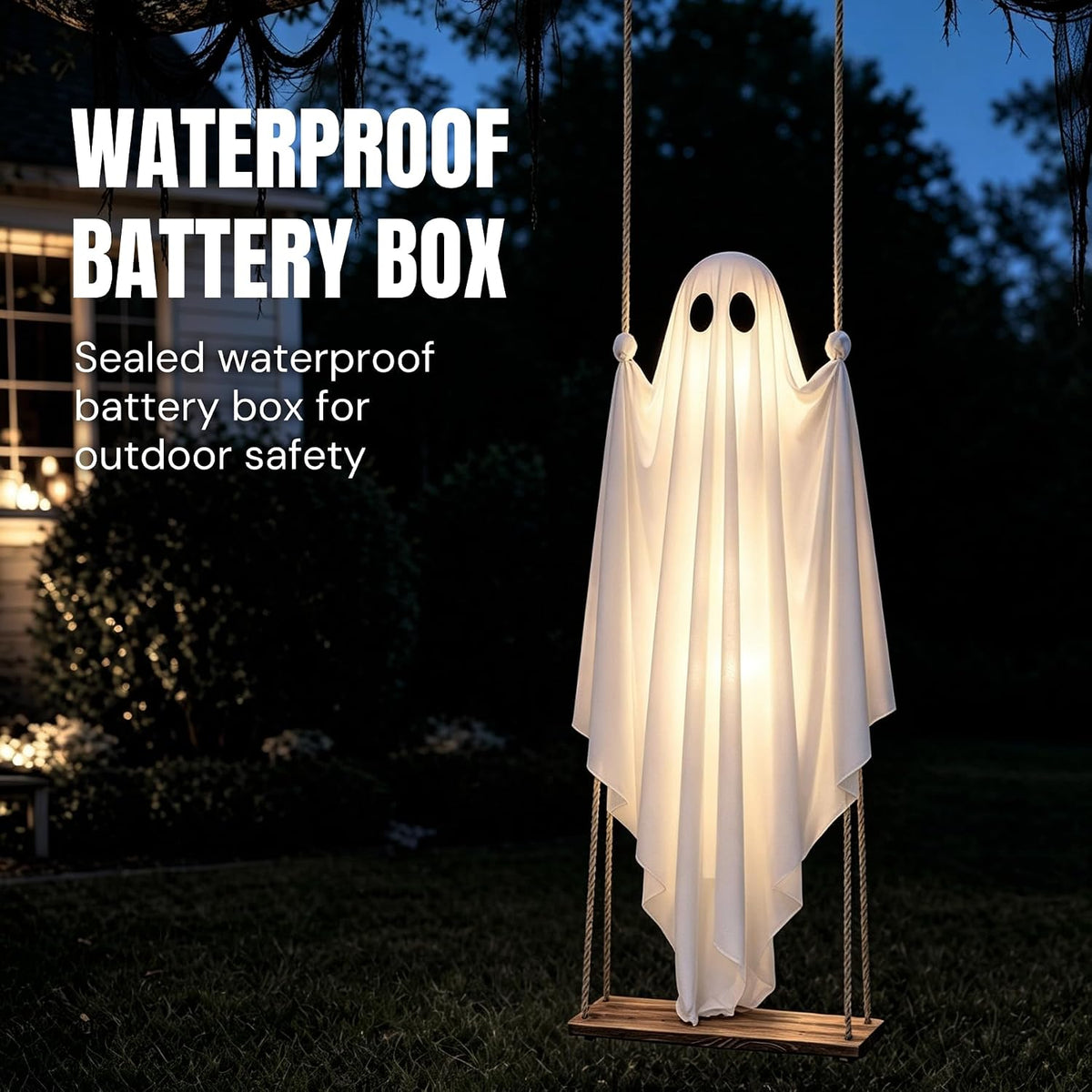 Halloween Decorations Outdoor - 5FT Large Hanging Swing Ghost Halloween Decor with String Lights, Spooky Cute Ghost Decorations for Front Porch Yard Tree