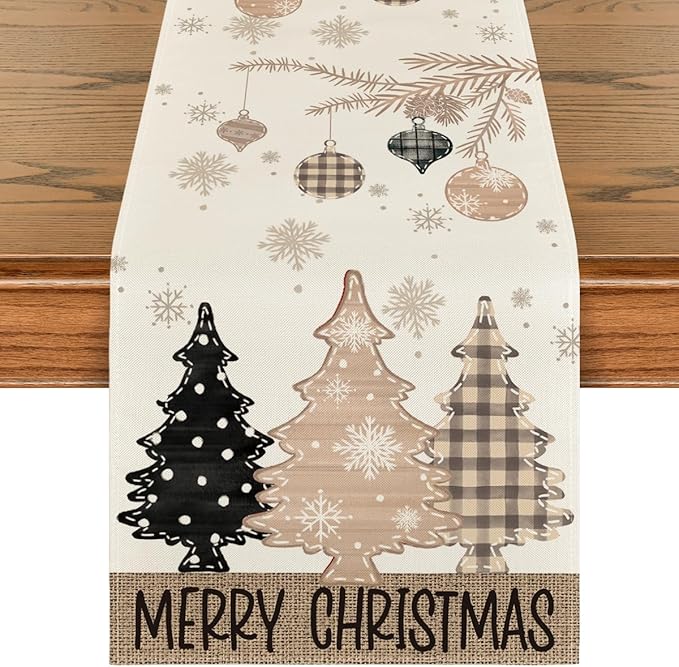 Artoid Mode Brown Pine Trees Snowflake Merry Christmas Table Runner, Winter by ArtoidMode