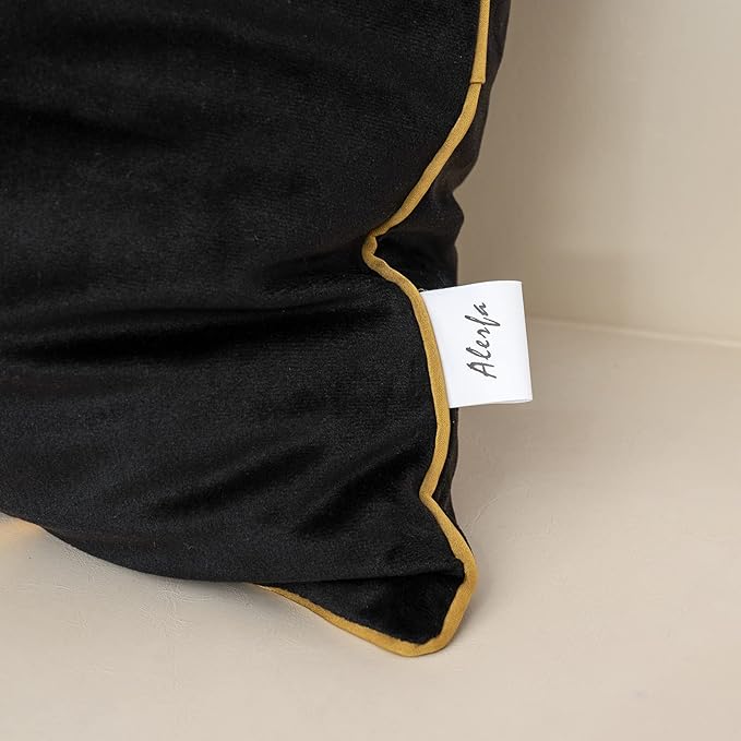 Alerfa 20 x 20 Inch Black Beige Gold Leather Patchwork Velvet & Polyester - Image 6