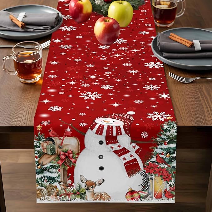 Red Snowman Christmas Table Runner, 18x72 Inch, Xmas Tree Table Runners Elk - Image 9