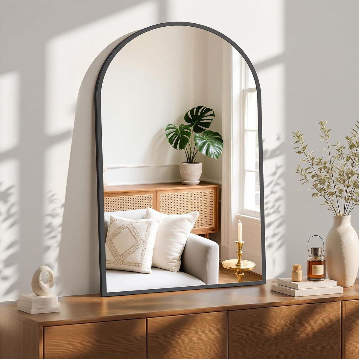 sweetcrispy 26.5"x38" arched black bathroom mirrors for wall showing dimensions
