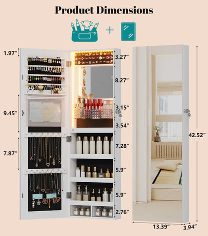 vlsrka led mirror jewelry cabinet, over door/wall mounted shown in use