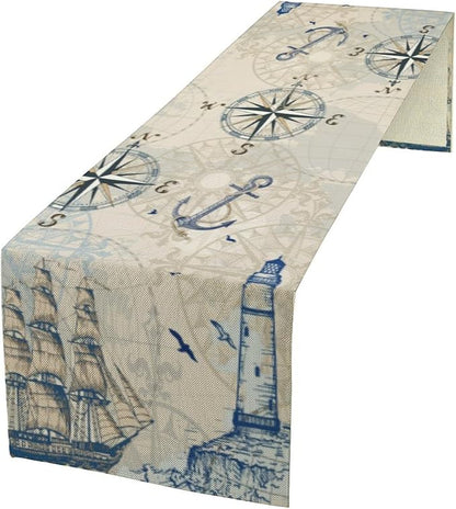 Vintage Nautical Sailboat Table Runner Retro Ligthouse Compass Summer Sea Ocean by moderw