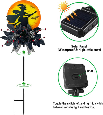 WAIU Solar Witch Scene Garden Stake Lights, Spooky Outdoor Yard Sign for Halloween Festive Decor