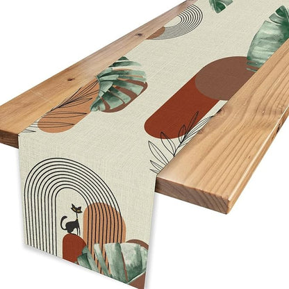 Mid Century Modern Table Runner, Abstract Green Leaves Black Cat Tropical - Image 4