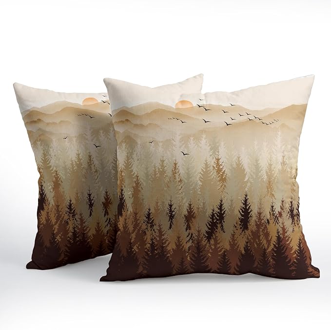 Fall Misty Forest Throw Pillow Covers 18x18 Inch Set of 2 Brown Mountain - Image 2