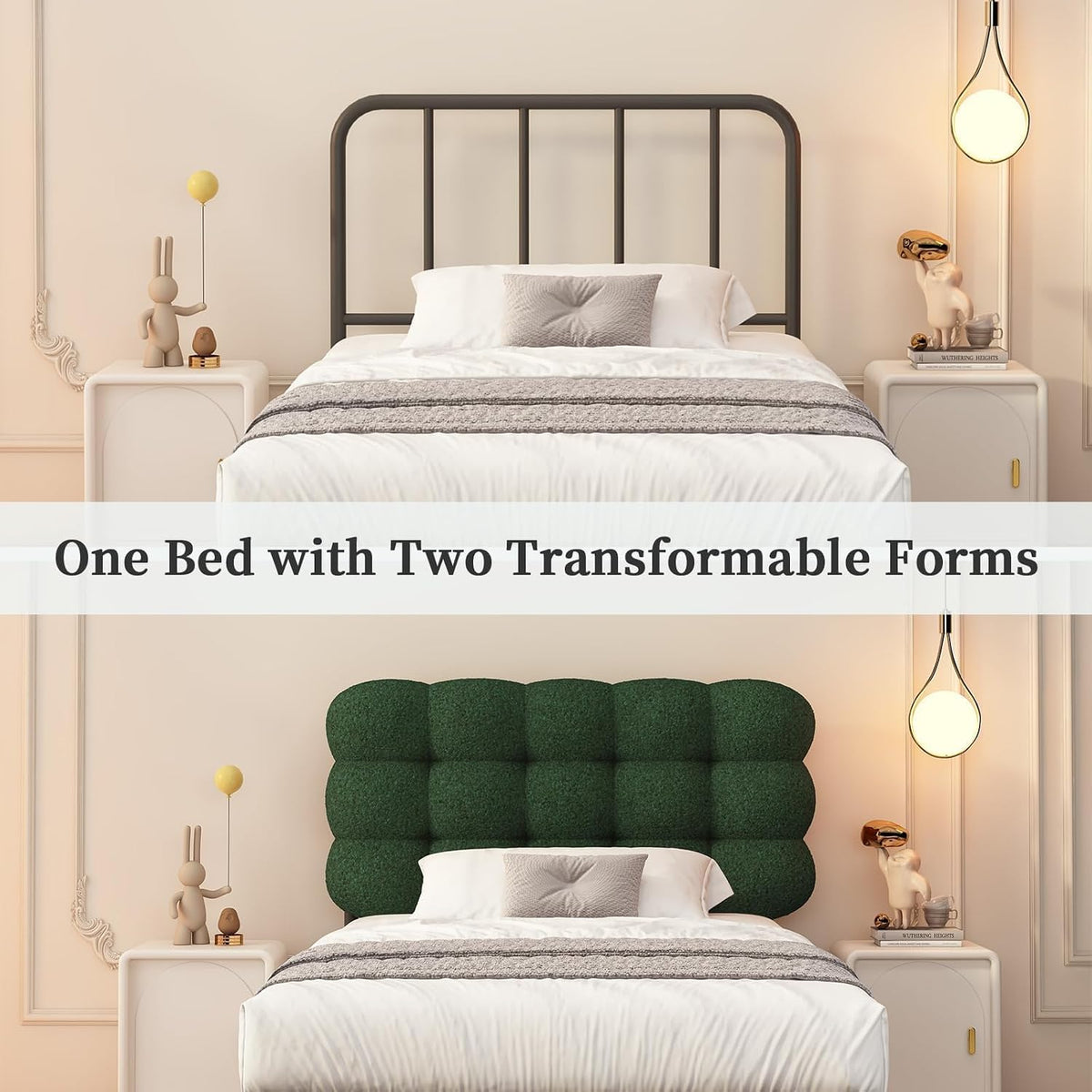 barnfurin twin bed frame, soft teddy cloud boucle showing dimensions
