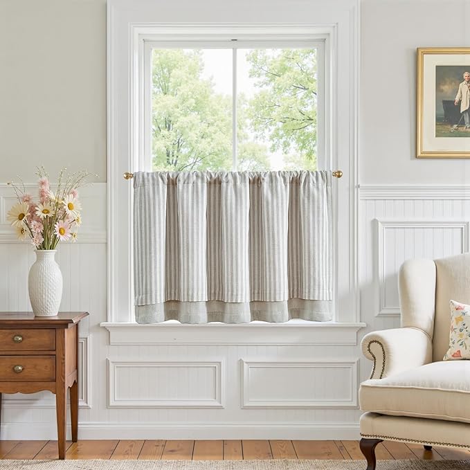 jinchan Double Layer Striped Linen Kitchen Tier Curtain Rustic Cafe by JINCHAN