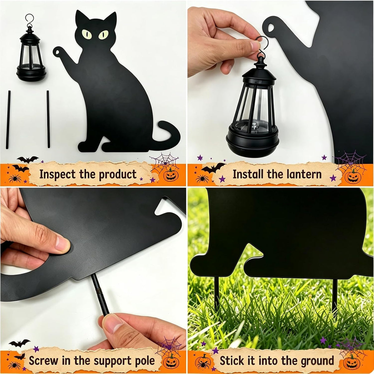 2 Pack Halloween Black Cat Solar Yard Stake, 7-Color LED Lantern