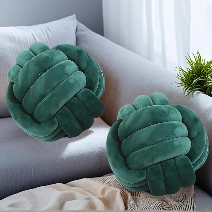 2 Pcs Knot Pillow Ball, Dark Green Knotted Pillow Plush Ball Pillows, 8.7" by Wadser
