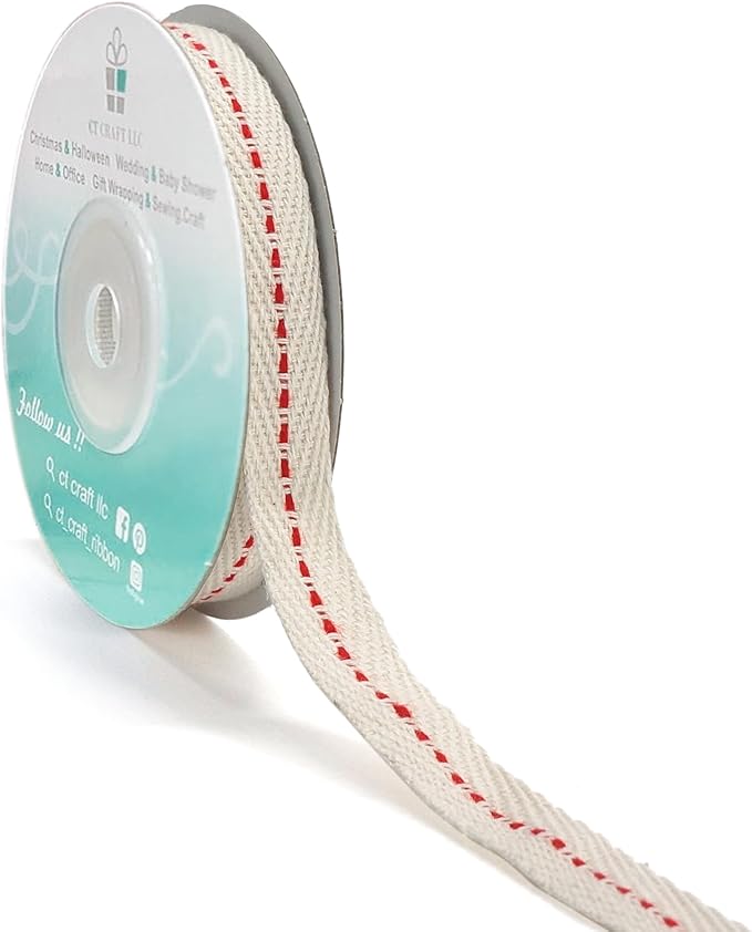 CT CRAFT LLC Ivory Cotton Red Stitched Ribbon 3/8" x 10 Yards by CTCRAFTLLC