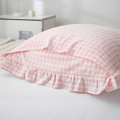 2 Pack Blush White Plaid Ruffle Gingham Euro Shams Pillow Covers, 100% Washed - Image 4