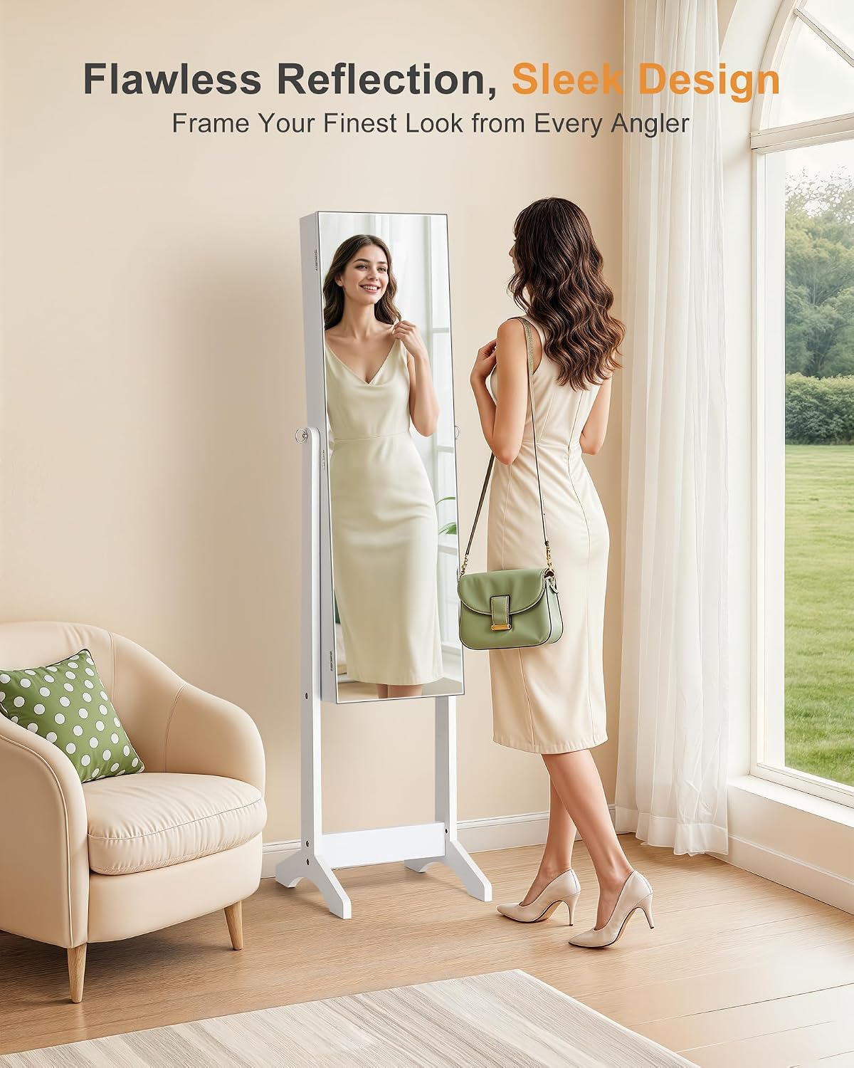 nicetree freestanding jewelry cabinet, full length mirror, moon shown in use