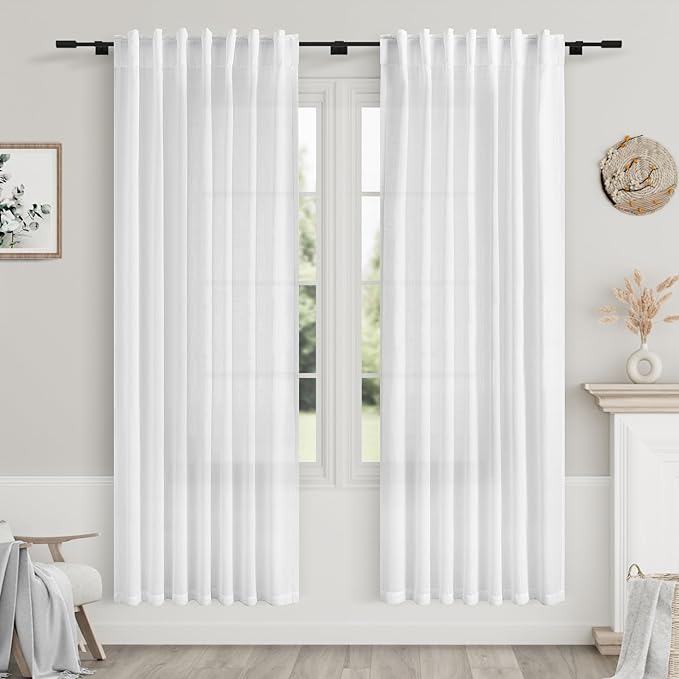 Nanspring White Linen Curtains for Bedroom Back Tab Light Filtering Privacy by Nanspring