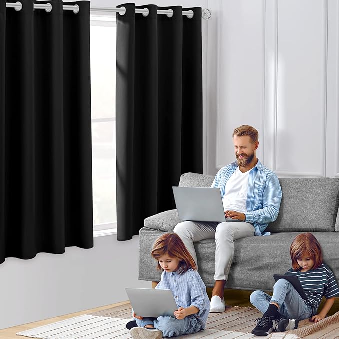 HOMEIDEAS Black Blackout Curtains 42 X 63 Inch 2 Panels Room Darkening Bedroom - Image 2
