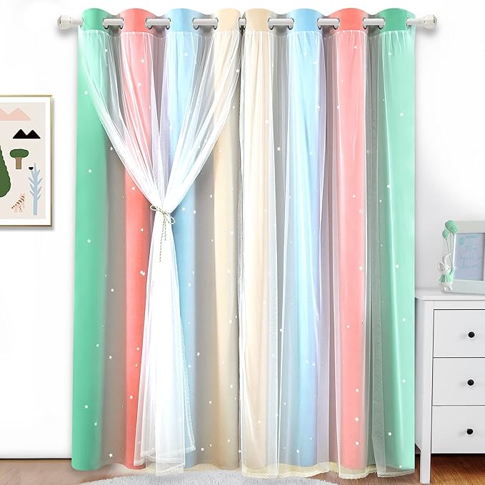 Kinryb Nursery/Kids/Girls Room Star Cut Out Blackout Rainbow Curtain - Image 2