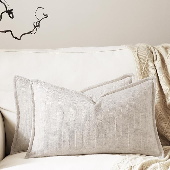 12x20 Linen Pillow Covers Beige Pack of 2 Farmhouse Boho Neutral Accents by DEZENE