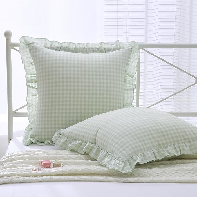 2 Pack Pile Green White Plaid Ruffle Gingham Euro Shams Pillow Covers, 100% - Image 8