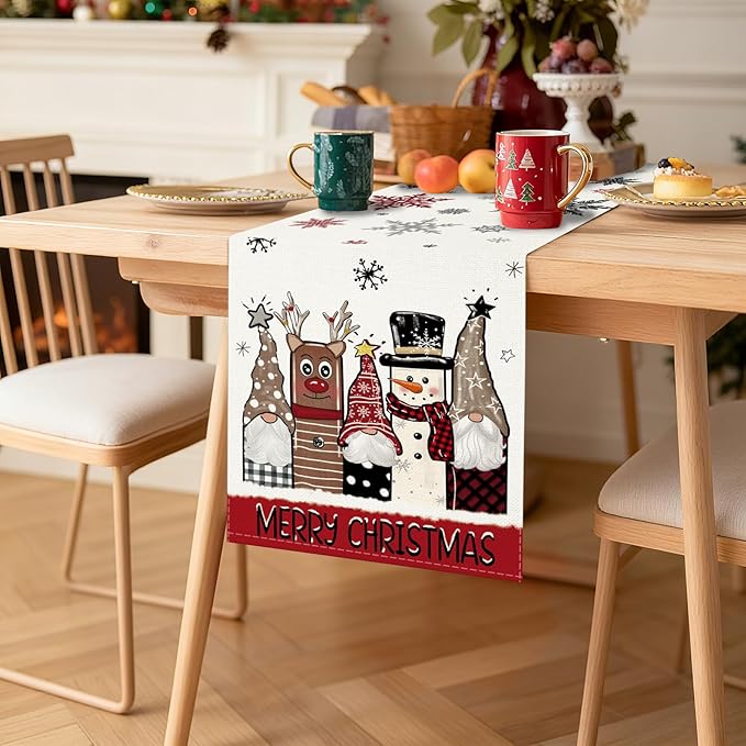 OTOSTAR Gnomes Snowman Elk Merry Christmas Table Runner, Xmas Seasonal Winter - Image 8